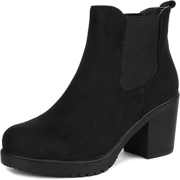 Women's High Chunky Heel  Black Textile Ankle Boots - Picture 1 of 8